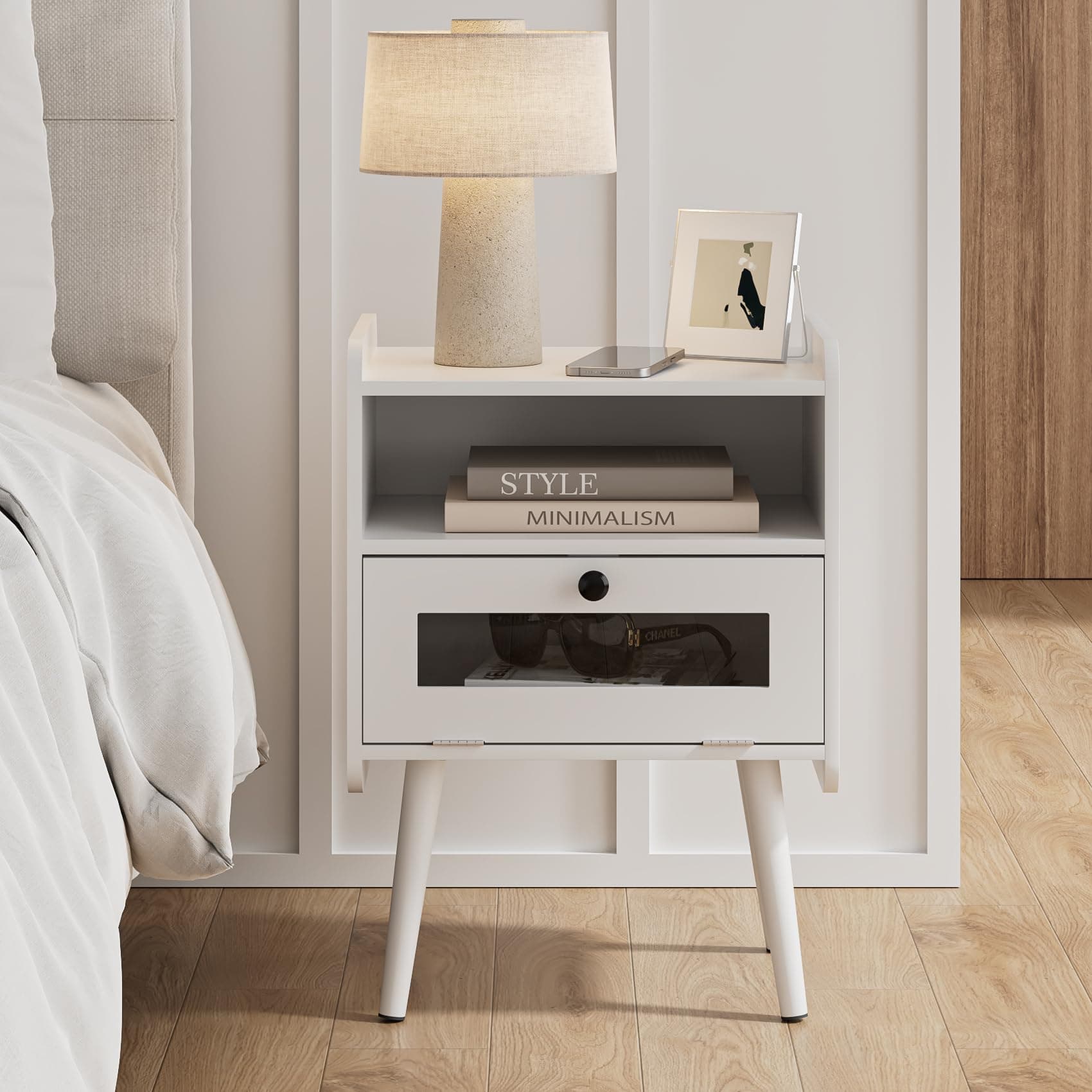 Night Stand, Modern Side Table Nightstand Bedside Table with Storage Drawer and Open Wood Shelf,Small End Side Table with Front Clear Drawer for Bedroom,Living Room,White Without Outlet