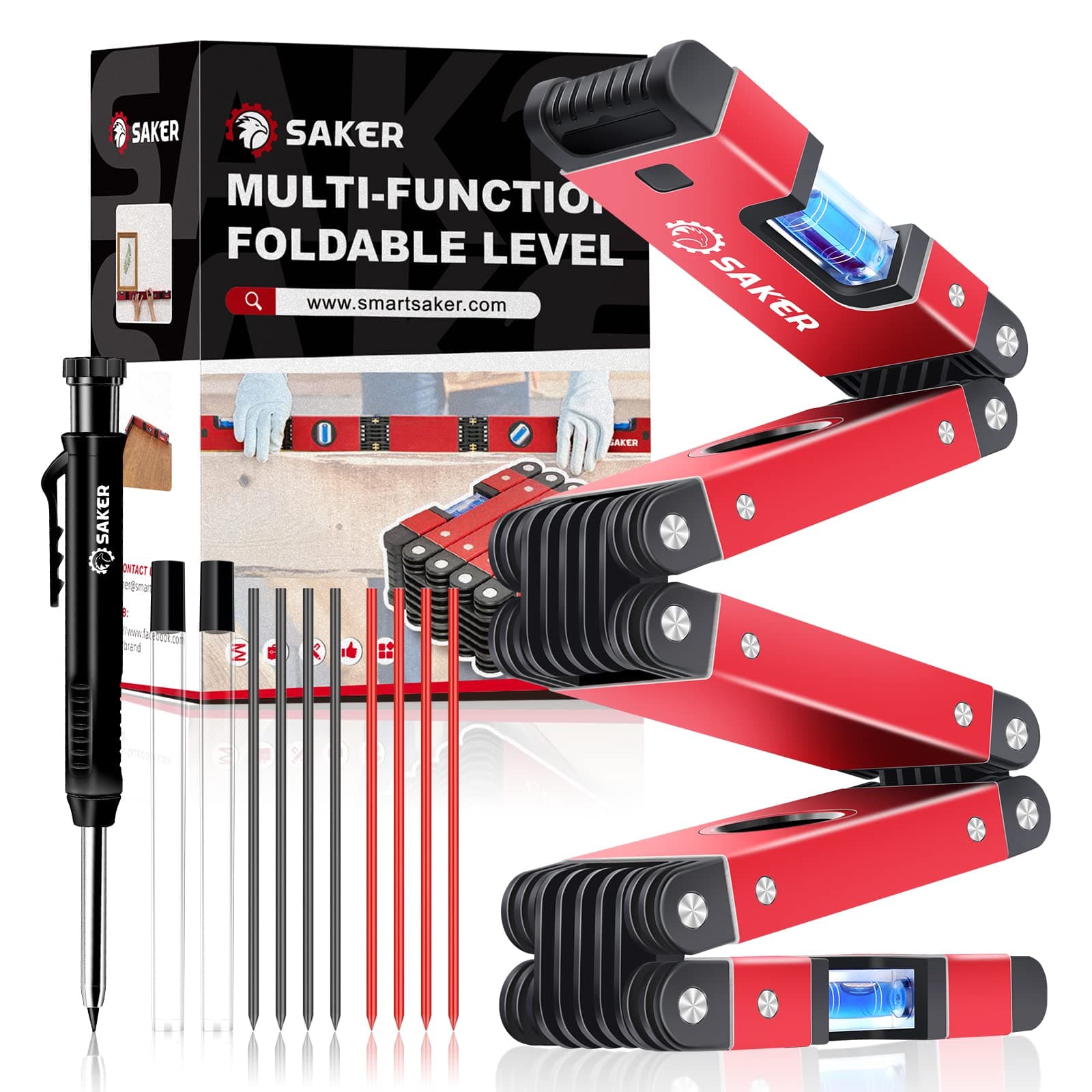 Saker Multi-Function Foldable Level and Deep Hole Pencil Set,Gifts for Men,Perfect Set of Multi-Angle Measurement Woodworking Tools and DIY Woodworking Scribe Gauge Scriber Line Maker Measuring Tool