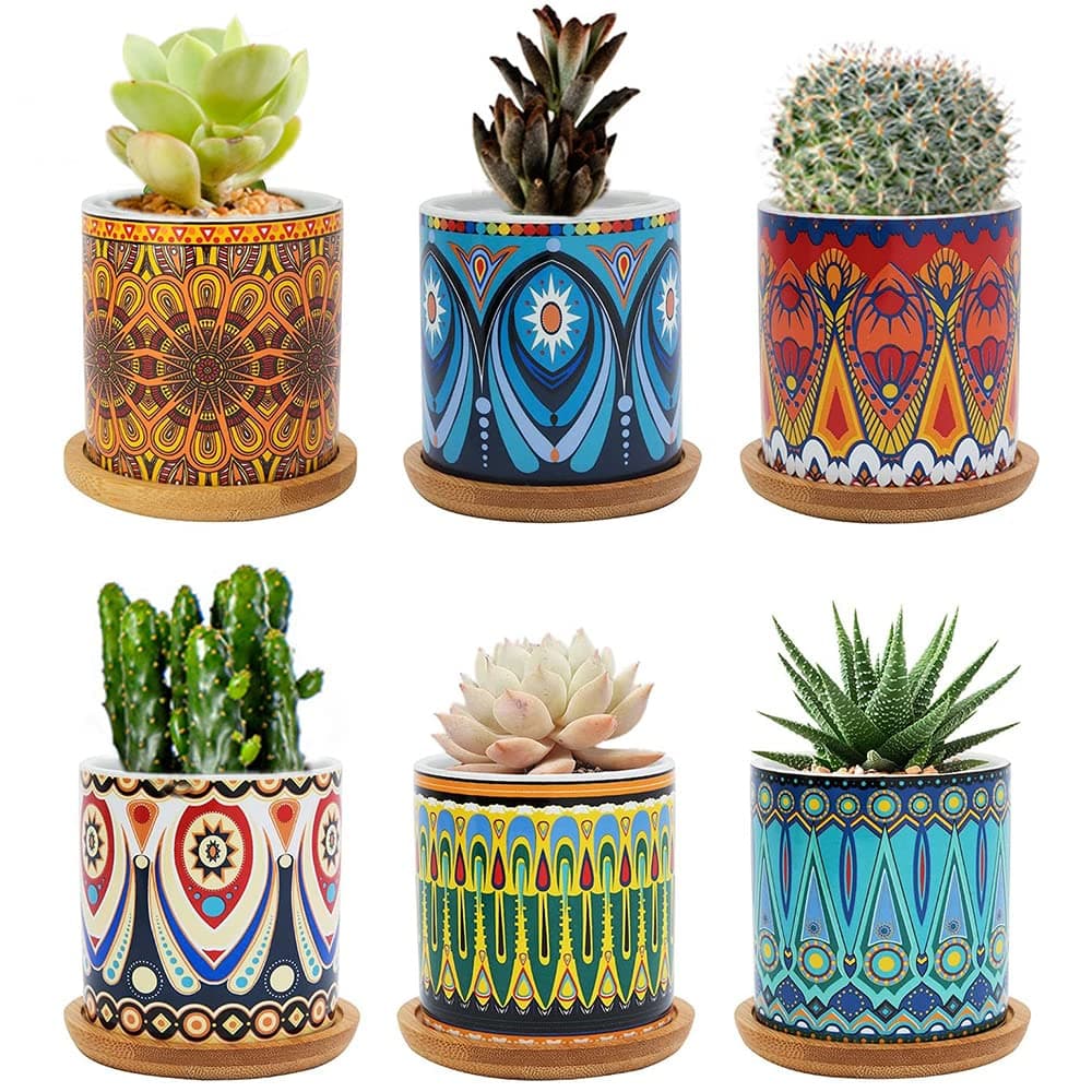 7.5CM Succulent Plant Pot, Ceramic Mandala Pattern Cactus Plants Pot, Small Plant Pots for Indoor Outdoor Plants with Bamboo Tray, and Great for Home Office Decor, Set of 6
