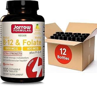 Methyl B-12 1000MCG & Methyl Folate 400MCG,Extra Strength,Cellular Energy Metabolism & Cardiovascular Health Formula(1) With P-5-P,100Chewable Tabs,Up to a 100 Day Suppl,12Packs