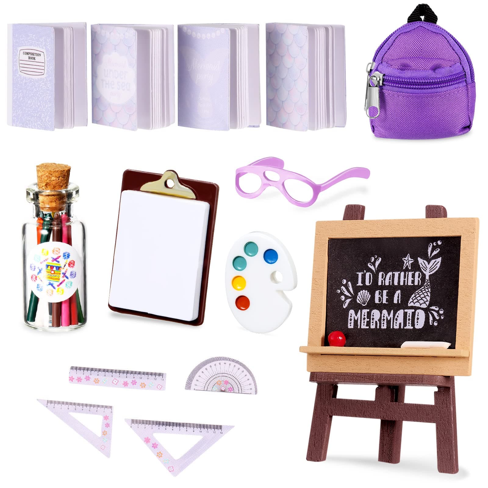 8 Pieces School Supplies Includes Mini Doll Backpack, Glasses, Blackboard, Miniature Books, Palette Paper, Clipboard, Pencil, Rulers - Accessories for School Playset Pretend Play (Novel Style)