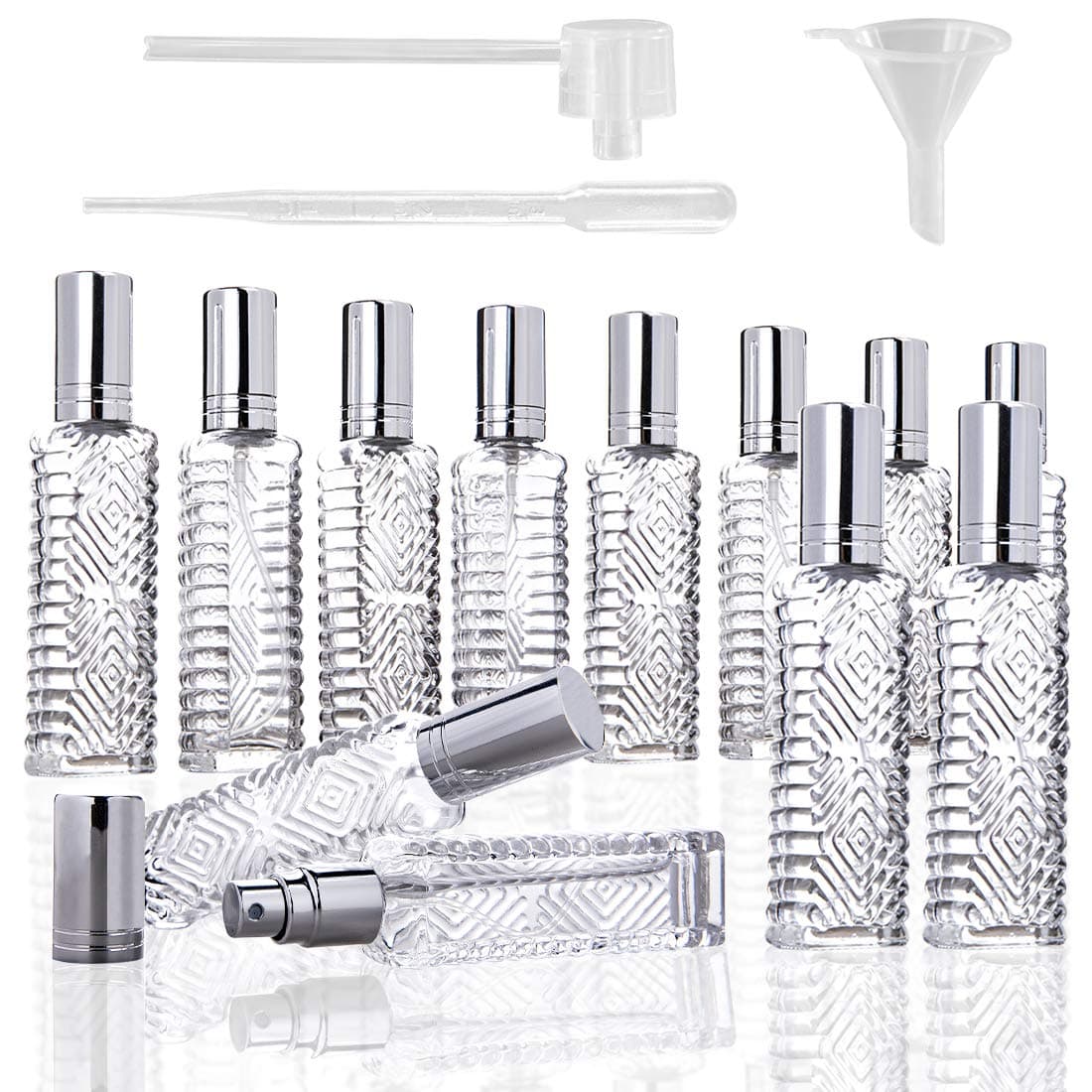 YU FENG 12pcs Perfume Bottles Empty Clear Glass Atomizer Spray Bottles Empty Refillable for Perfume Essential Oil,Packed with Funnels Pipettes Dispensers Engraved Taj Mahal Style（13ml）