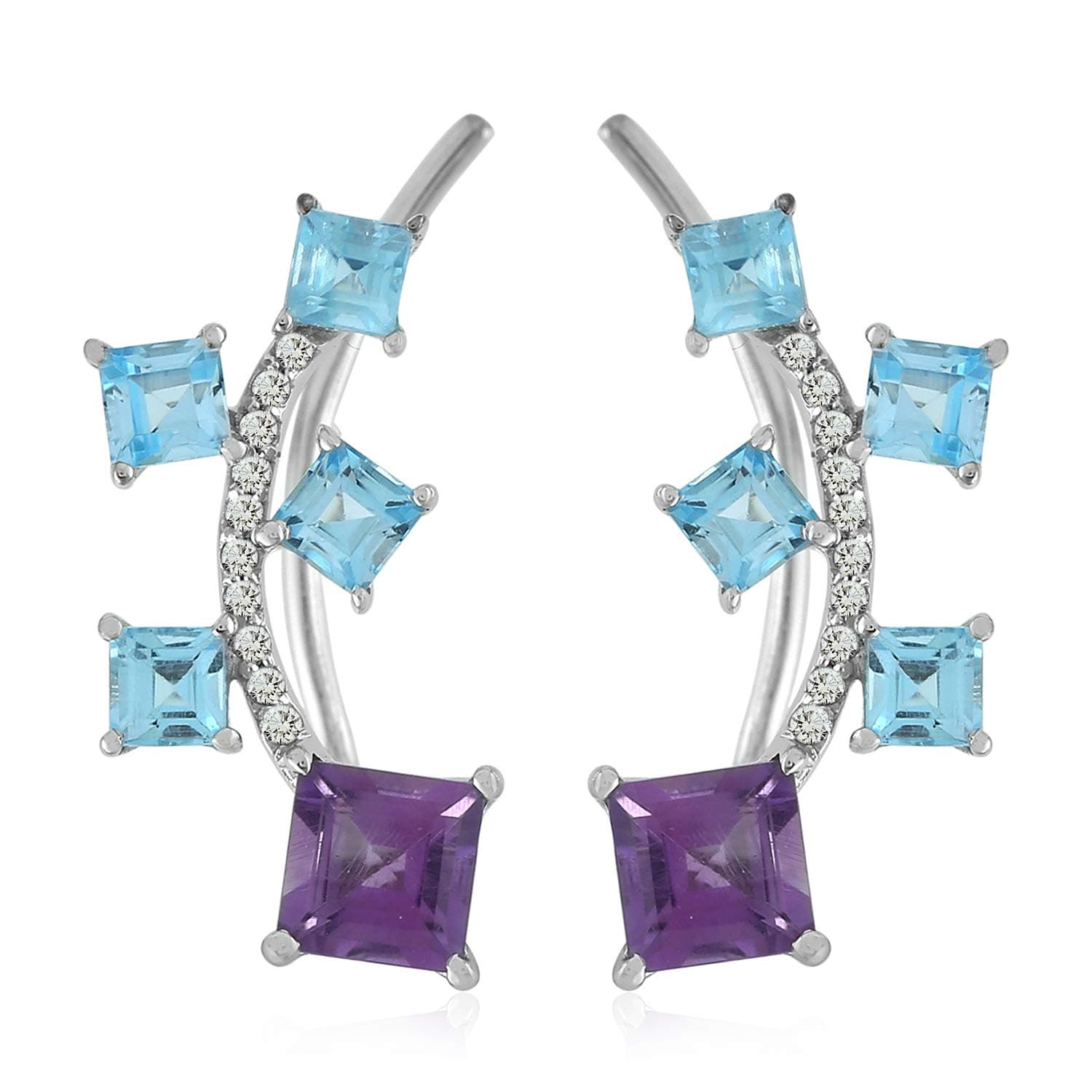 925 Sterling Silver Natural Garnet & Topaz Multi Colored Multi Gemstones Ear Crawler Earrings for Women.