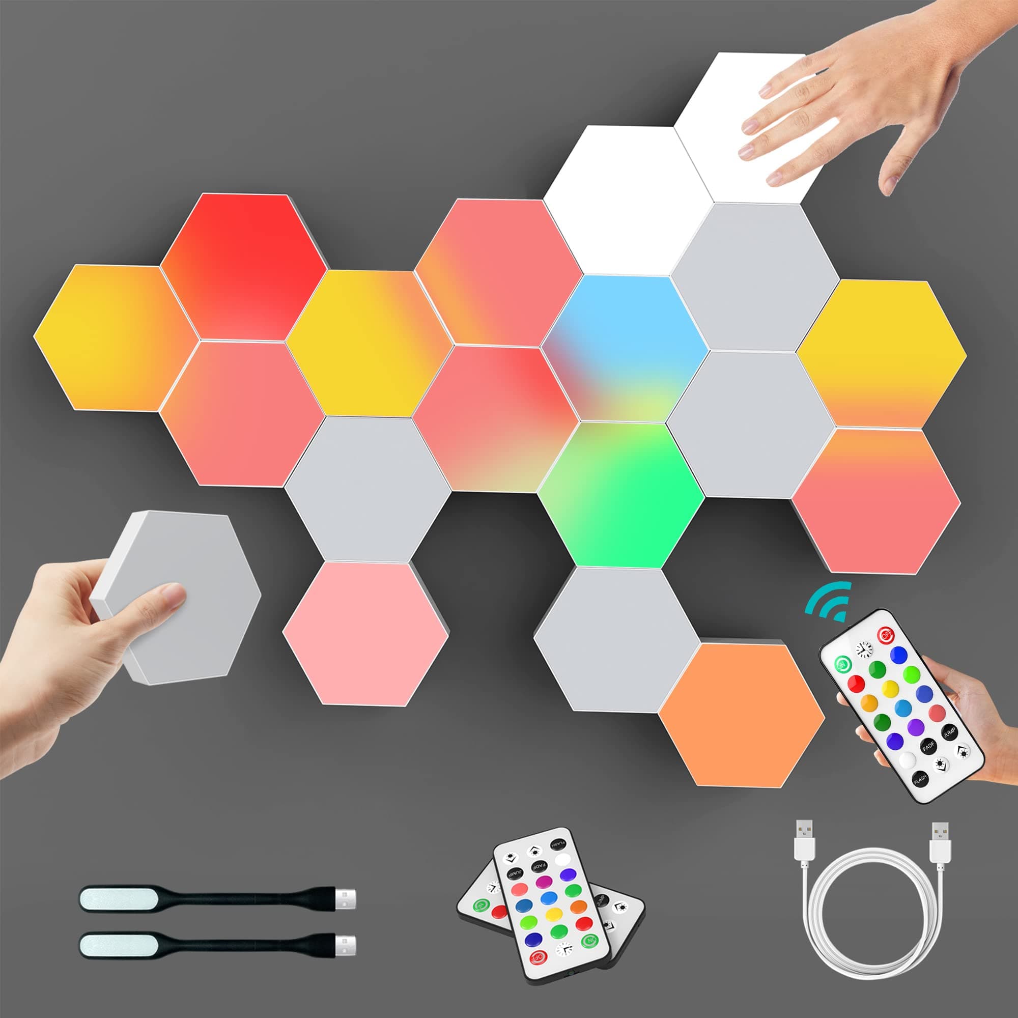 Hexagon Lights, RGB Hexagon Wall Lights with Remote, Smart Hexagonal Wall Panels, Touching LED Wall Lights with USB-Power, Splicing DIY Color-Changing Gaming Lights Used in Gift, Bedroom Decor-6 Packs