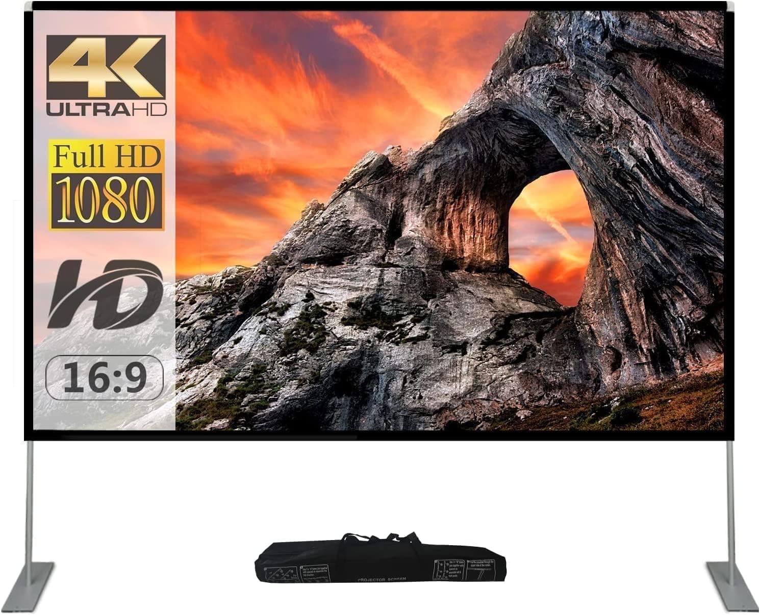 SKERELL Projector Screen with Stand 100 inch Portable Projection Screen 16:9 4K HD Rear Front Projections Movies Screen with Carry Bag for Indoor Outdoor Home Theater Backyard Cinema Travel