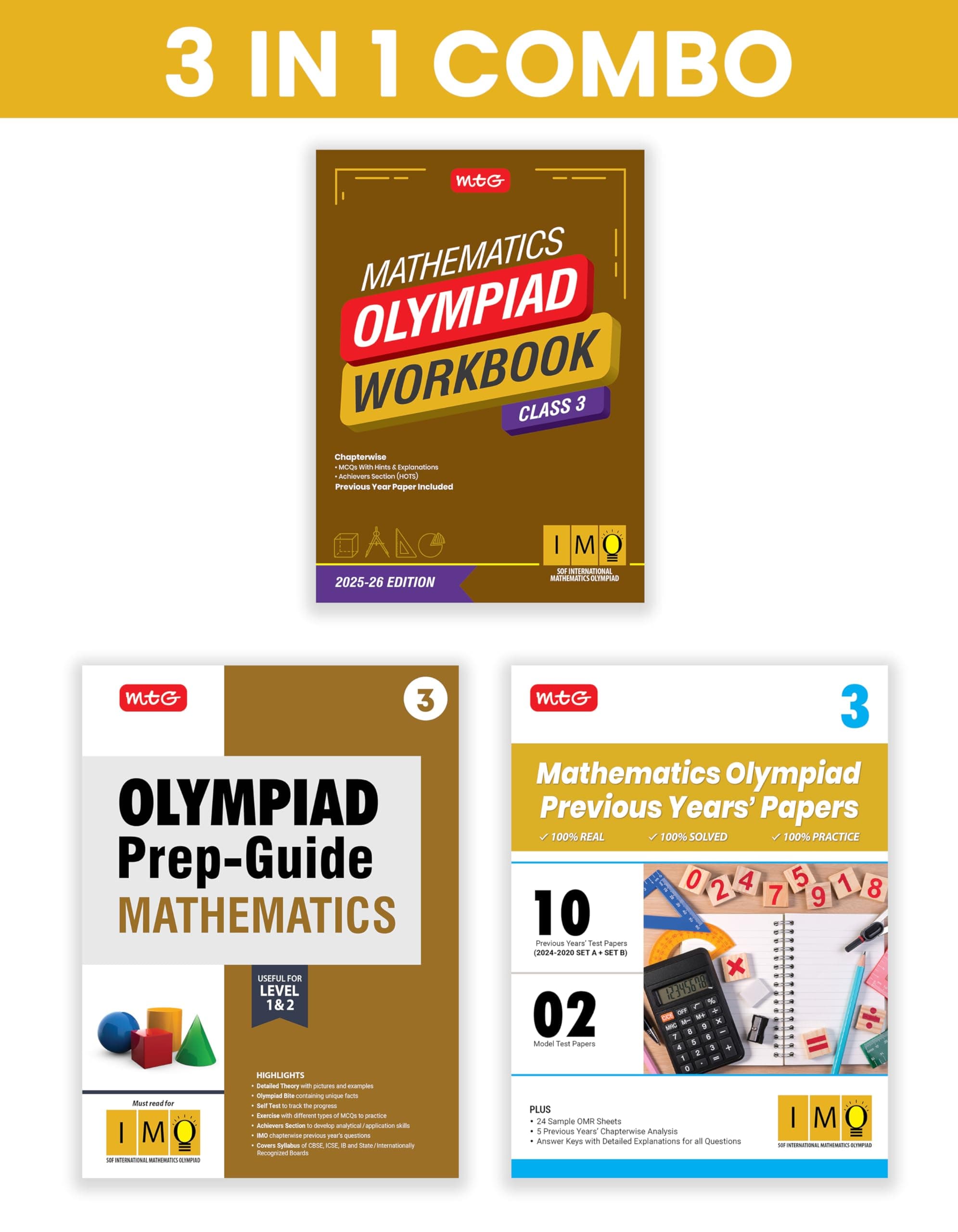 MTG Class-3 International Mathematics Olympiad (IMO) Workbook, Prep-Guide & Previous Years Papers (PYQs) with Mock Test Paper (Set of 3 Books) - SOF Olympiad Books For 2025-26 Exam