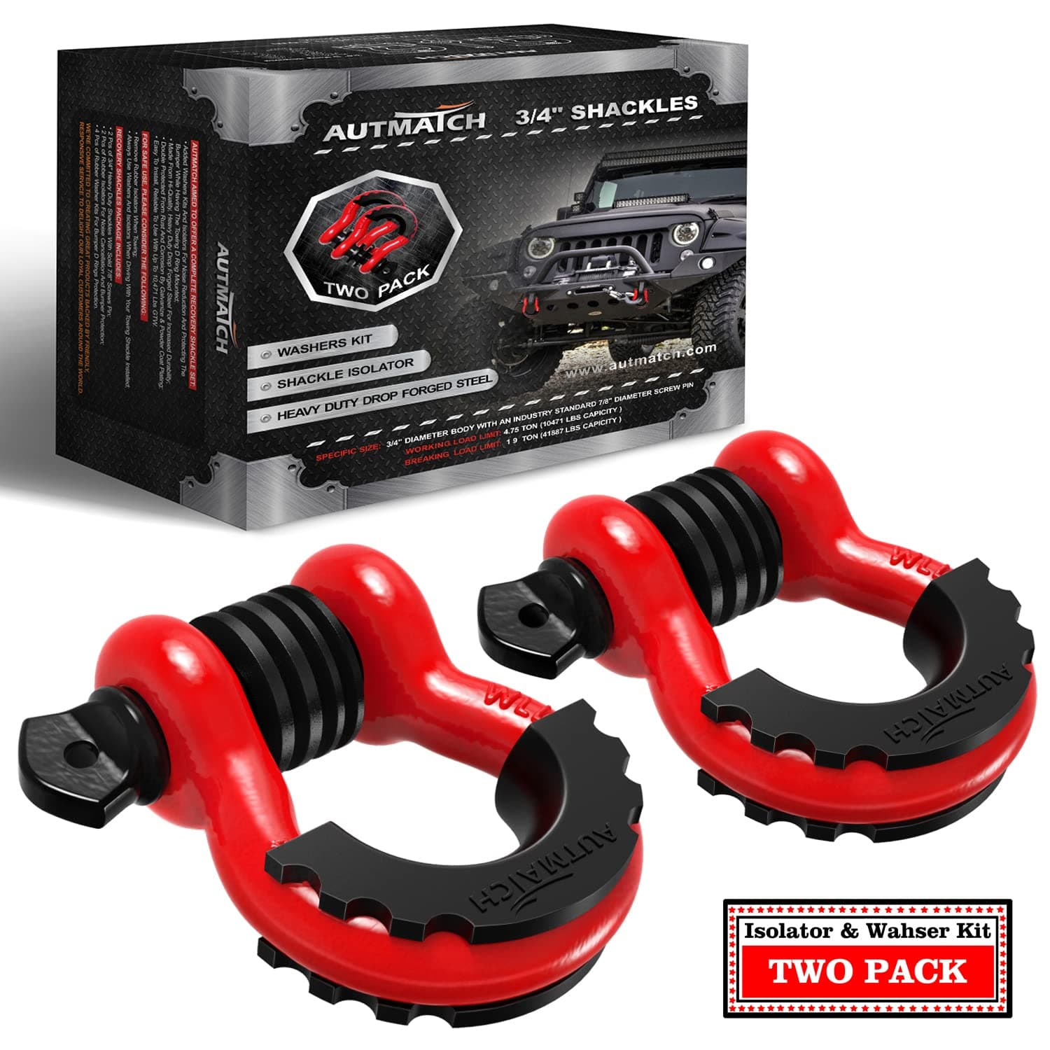 AUTMATCH D Ring Shackle 3/4" Shackles (2 Pack) 41,887Ibs Break Strength, Clevis Shackle with 7/8" Screw Pin and Shackle Isolator Washers Kit for Tow Strap Winch Off Road Vehicle Recovery, Red & Black