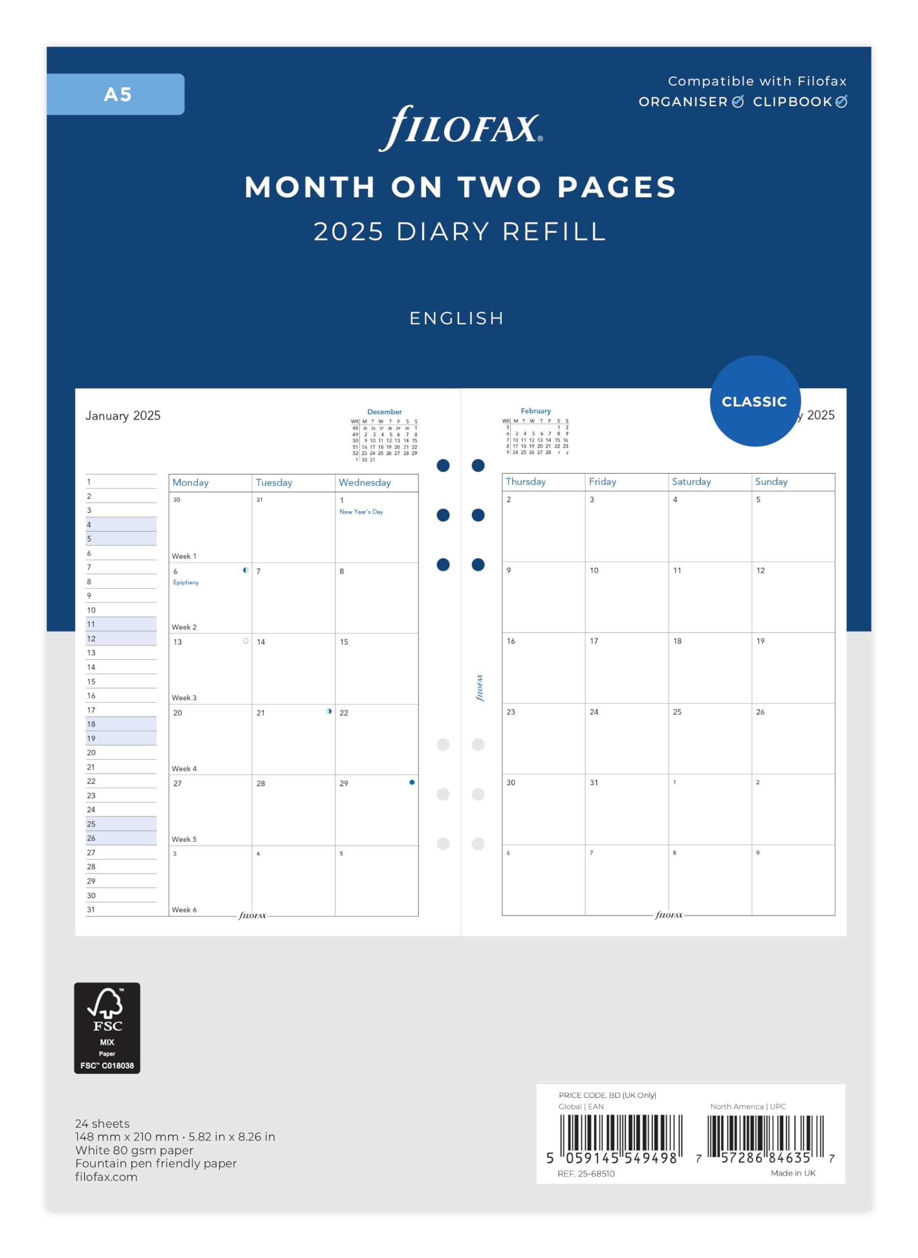 A5 Month on two pages English block format not tabbed 2025