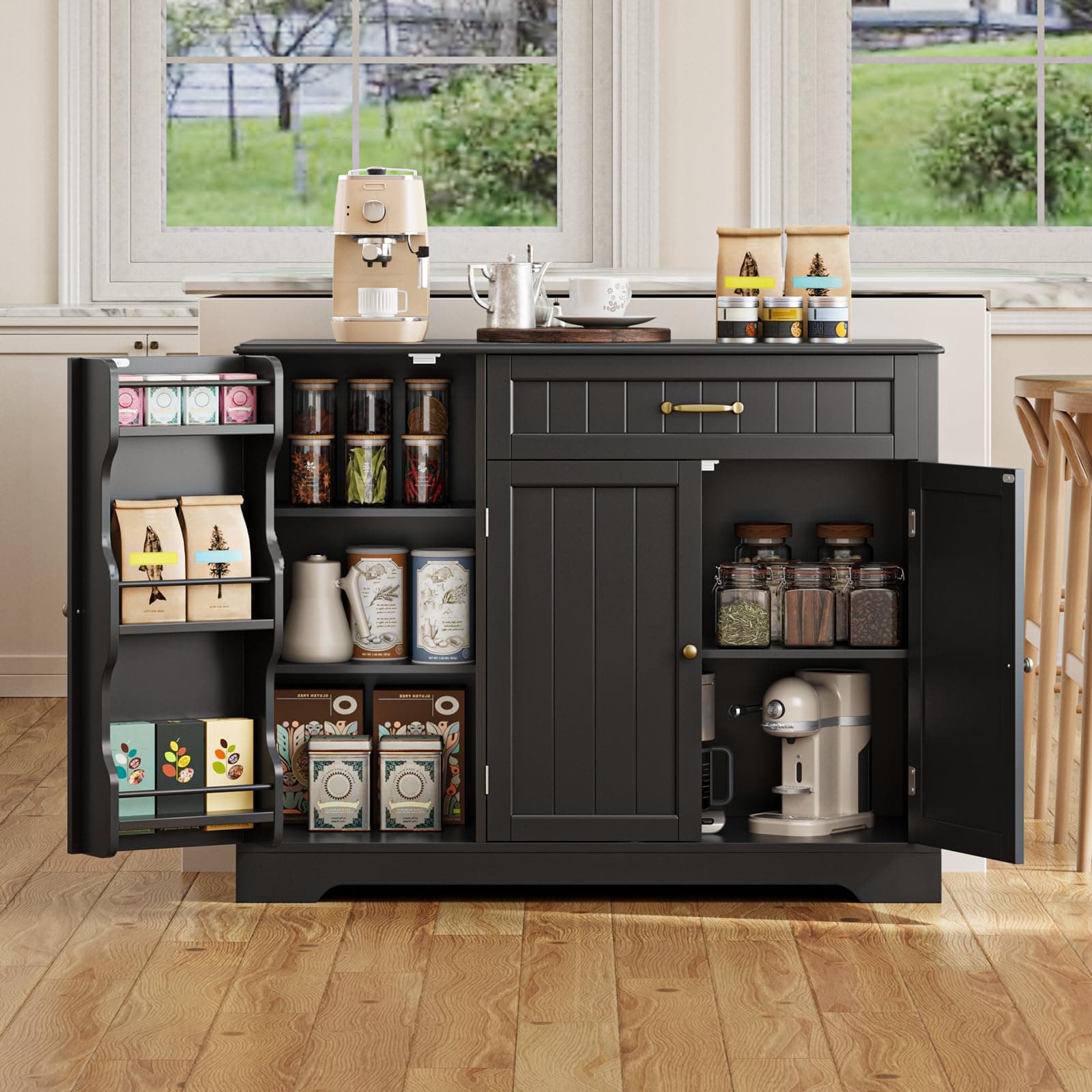 Gizoon Kitchen Sideboard Buffet Cabinet with Storage Small Coffee Bar Cabinet with Drawer, Kitchen Pantry Storage Cabinet with Door and Shelves for Bathroom and Living Room, Black