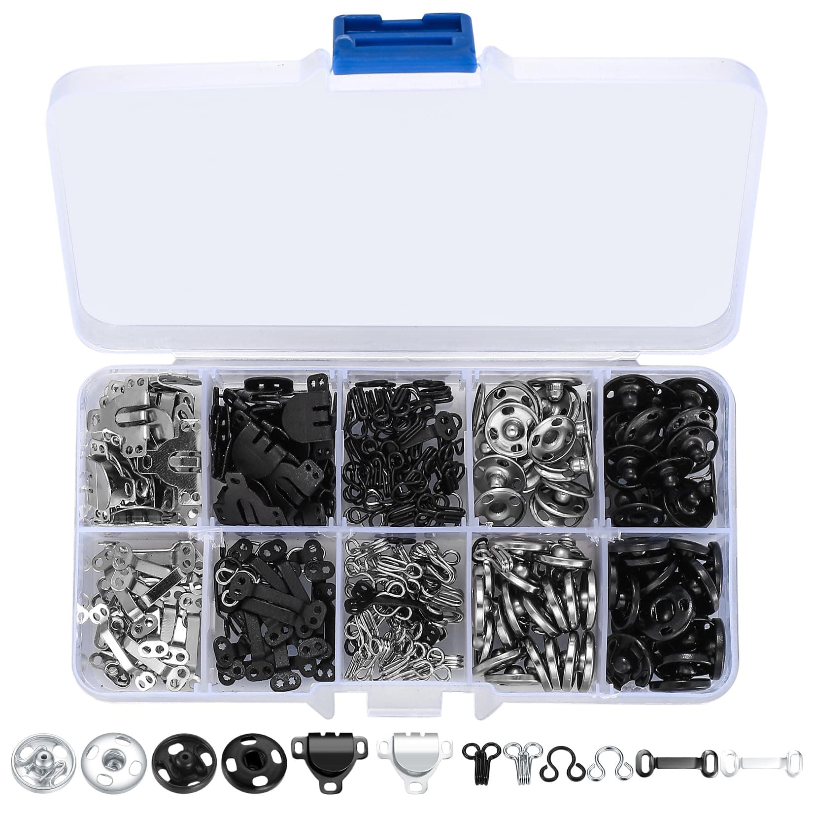 100 Pcs Sewing Hooks and Eyes Closure Set, 3 Styles Skirt Hook and Eye Closures Sewing Snaps Kit, Metal Snaps Buttons Fasteners Press Studs Set for Skirt, Bra, Trousers, Dress, Sewing, DIY Crafting