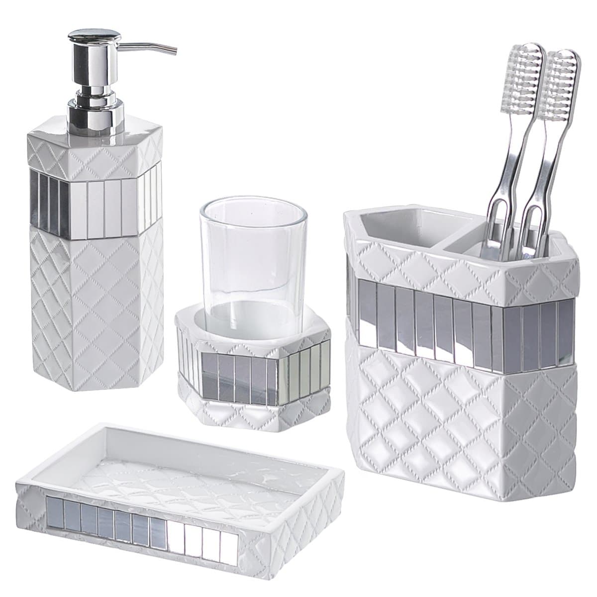 Creative Scents Quilted Mirror White Bathroom Accessories Set - Decorative 4 Piece Bathroom Set - Mirrored Bathroom Accessory Set Includes: Soap Dispenser, Toothbrush Holder, Tumbler & Soap Dish