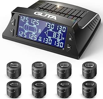 GUTA RV Tire Pressure Monitoring System, RV TPMS with 4 Sensors (0-188 PSI), Solar Charging, 6 Alarm Modes, Auto Sleep Mode, LCD Display, Tire Pressure Monitor System for RV/Trailer/SemiTruck