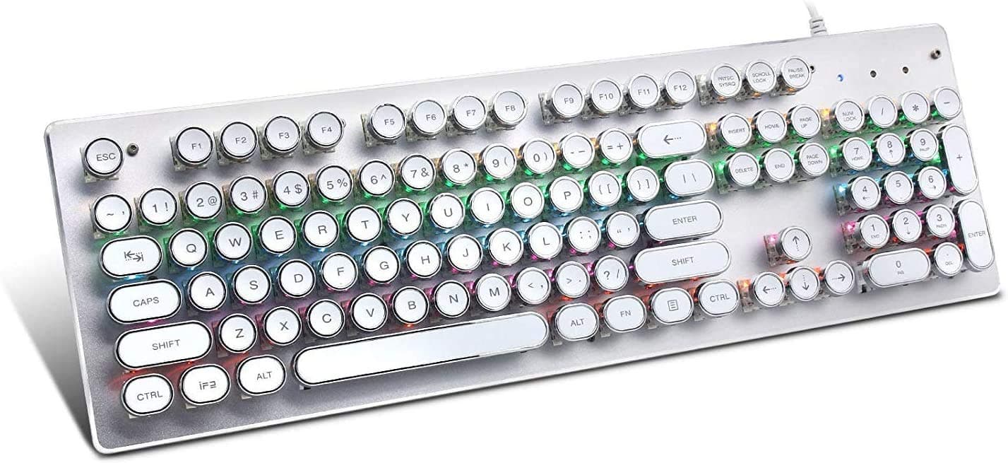 USB LED Backlit Retro Typewriter Mechanical Keyboard -Blue Switch - Round Keycaps -104 Keys Vintage Inspired Steampunk Gaming Keyboard–Mechanical Gaming Keyboard for PC/Mac/Gamer/Typ (White)