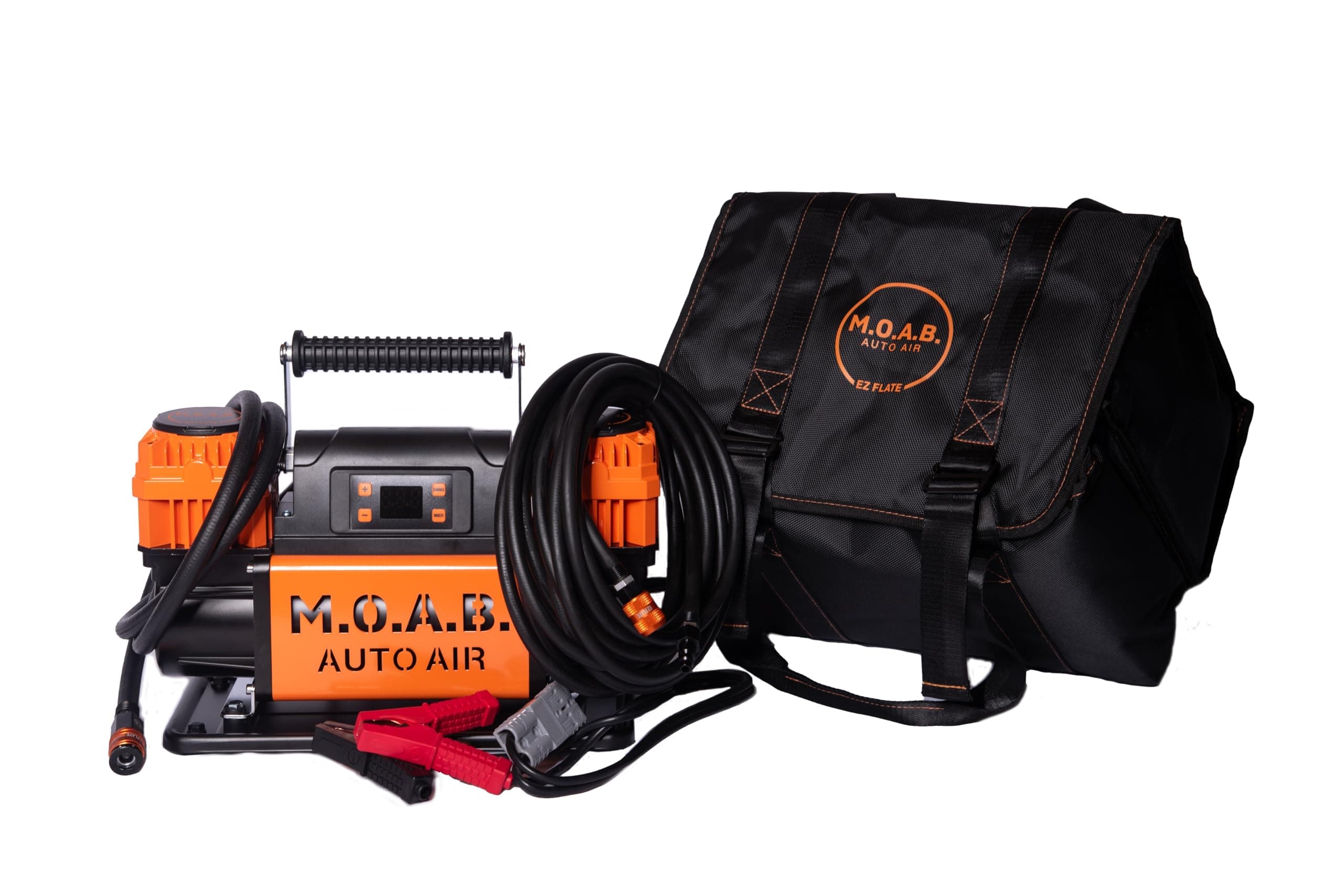 EZ FLATE M.O.A.B. 10.6 CFM PORTABLE 12V DUAL CYLINDER AIR COMPRESSOR | AIR HOSE | AUTO PRESSURE CUTOFF | HEAVY DUTY (M.O.A.B. Auto Air)