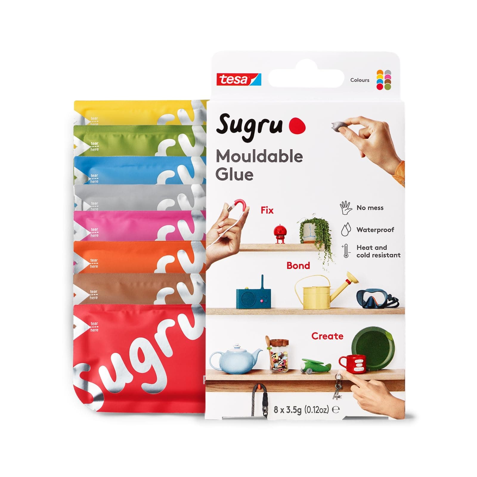 Sugru I000950 Mouldable Multi-Purpose Glue For Creative FixingAnd Making, Red-Blue-Yellow-Grey-Green-Brown-Orange & Pink, 8-Pack