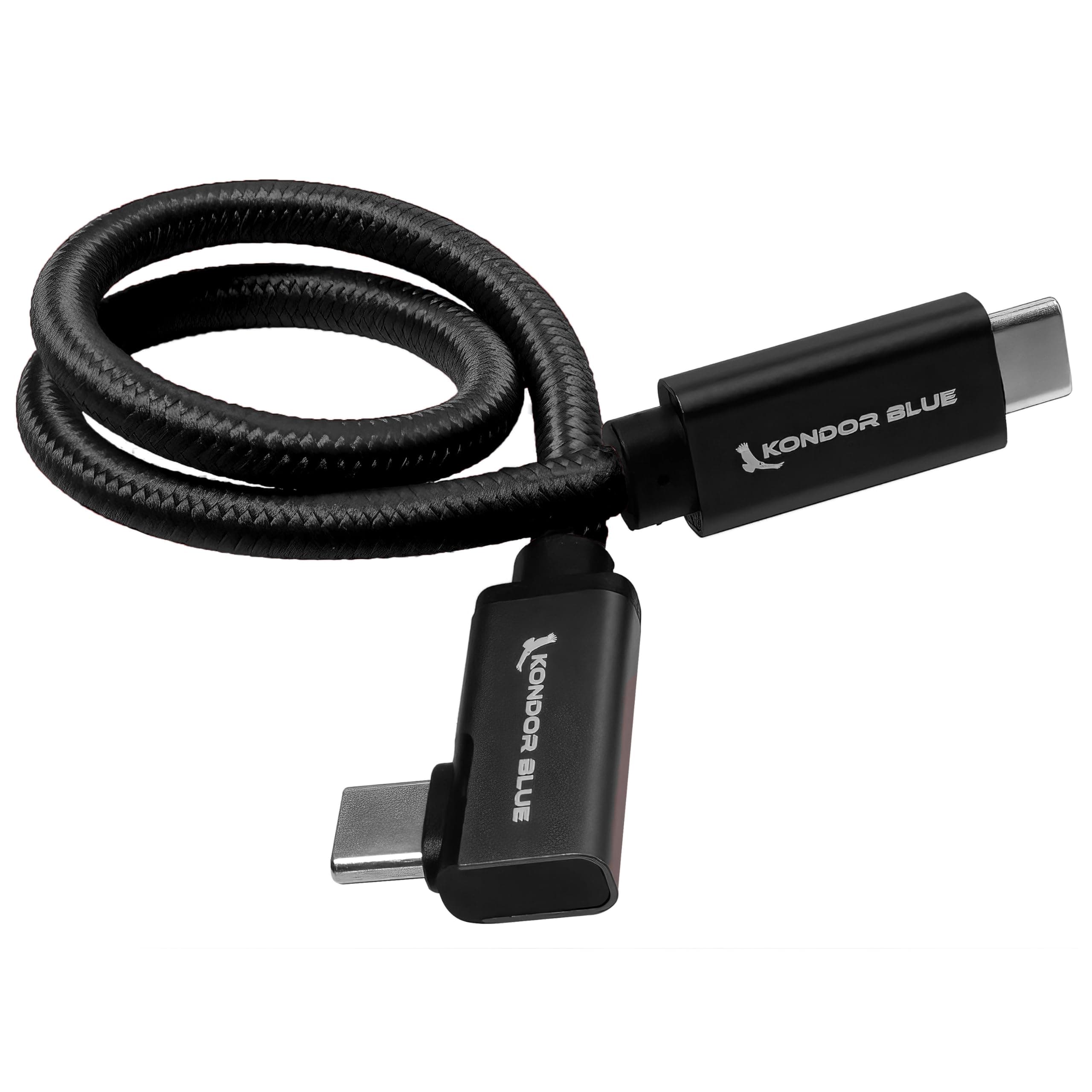 KONDOR BLUE | Right Angle 12" USB-C Braided Cable for 8K Data and Power Delivery | 20 Gb/s Transfer Speed, USB PD 100W Charging, & Thunderbolt 3 Compatible | Black