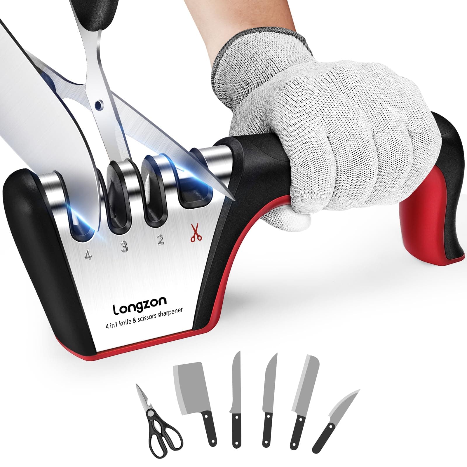 Longzon 5-in-1 Knife Sharpener [4 Stage] with a Pair of Cut-Resistant Glove, Original Premium Polish Blades, Best Kitchen Knife Sharpener Really Works for Fruit and Steel Knives, Scissors-Black+Red