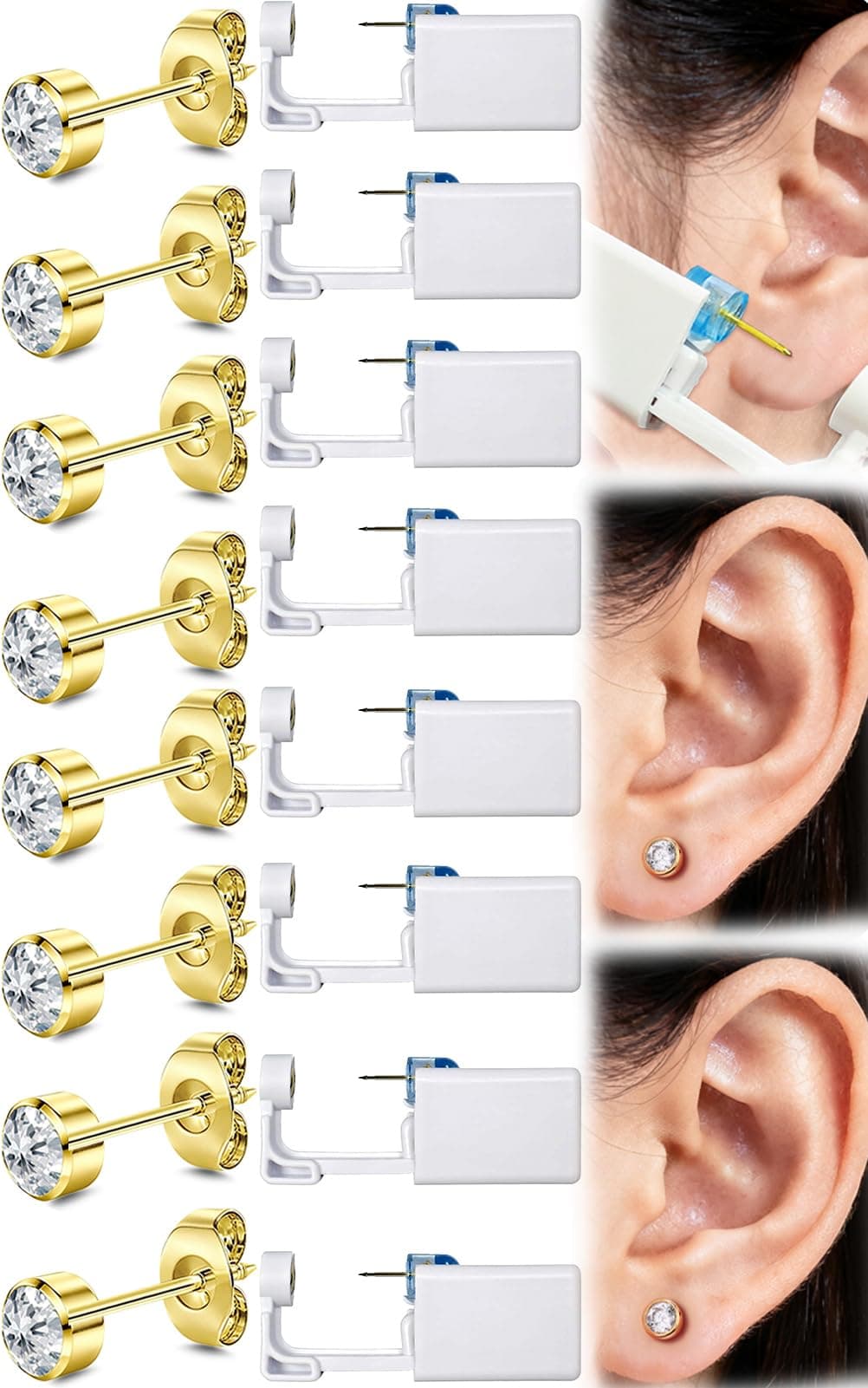 Get the Perfect Ear Piercing with 24Pcs Premium Ear Piercing Kit - Includes 8 CZ Stones Earrings and 8 Easy-to-Use Self Ear Piercing Gun - Safe and Painless