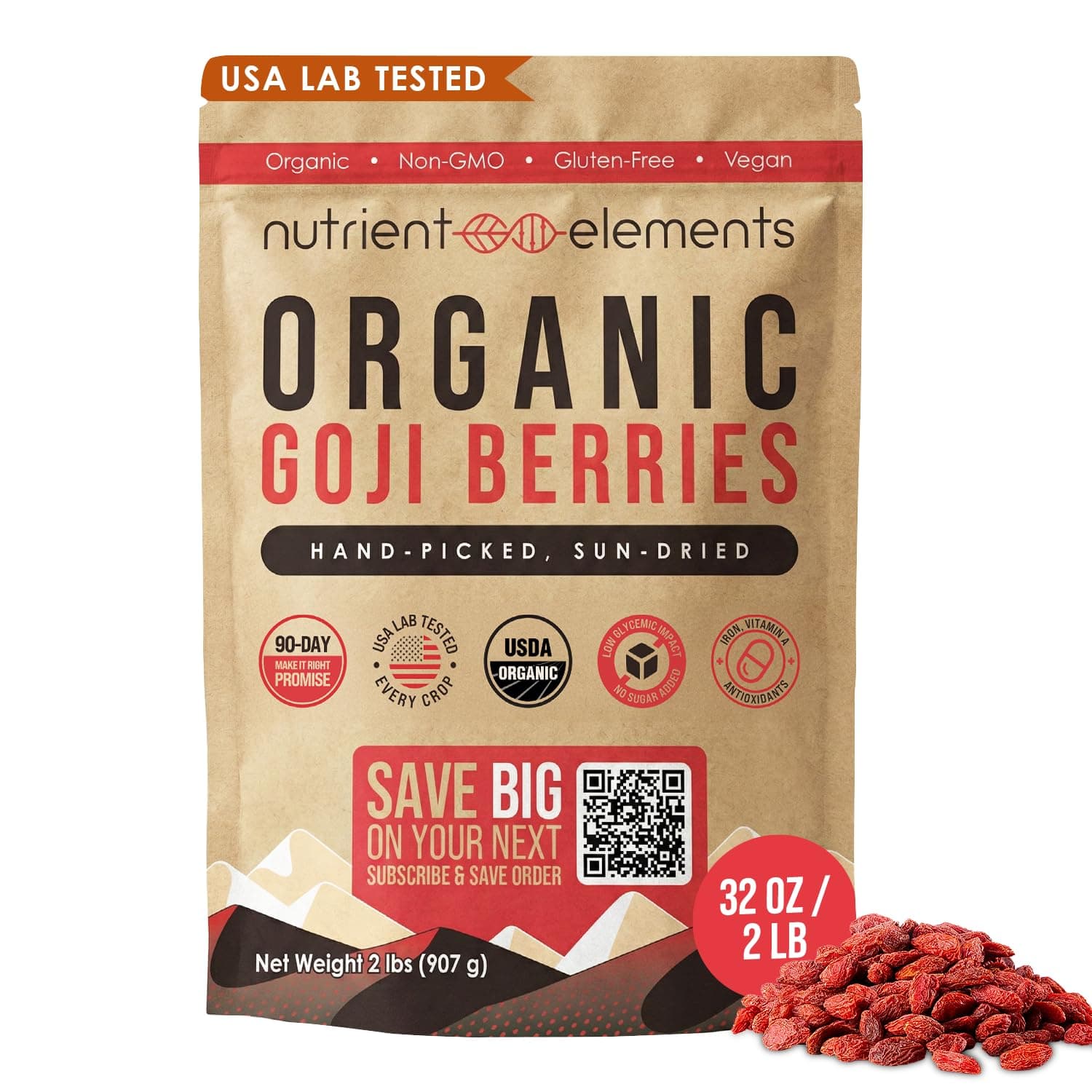 907.2g Organic Raw Dried Goji Berries - USDA Certified, GMO Free, Large Berries with Recipes E-Book