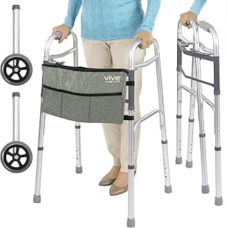 Vive MobilityFolding Walker for Seniors (with Wheels & Bag) - Rolling Rollator - Narrow, Foldable, Lightweight - Medical Front Wheeled Support - for Adults, Handicap, Elderly (with Black Bag)