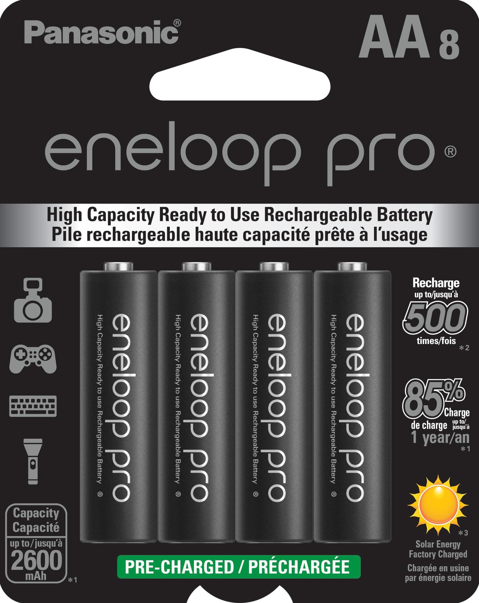 Eneloop Panasonic BK-3HCCA8BA pro AA High Capacity Ni-MH Pre-Charged Rechargeable Batteries, 8-Battery Pack