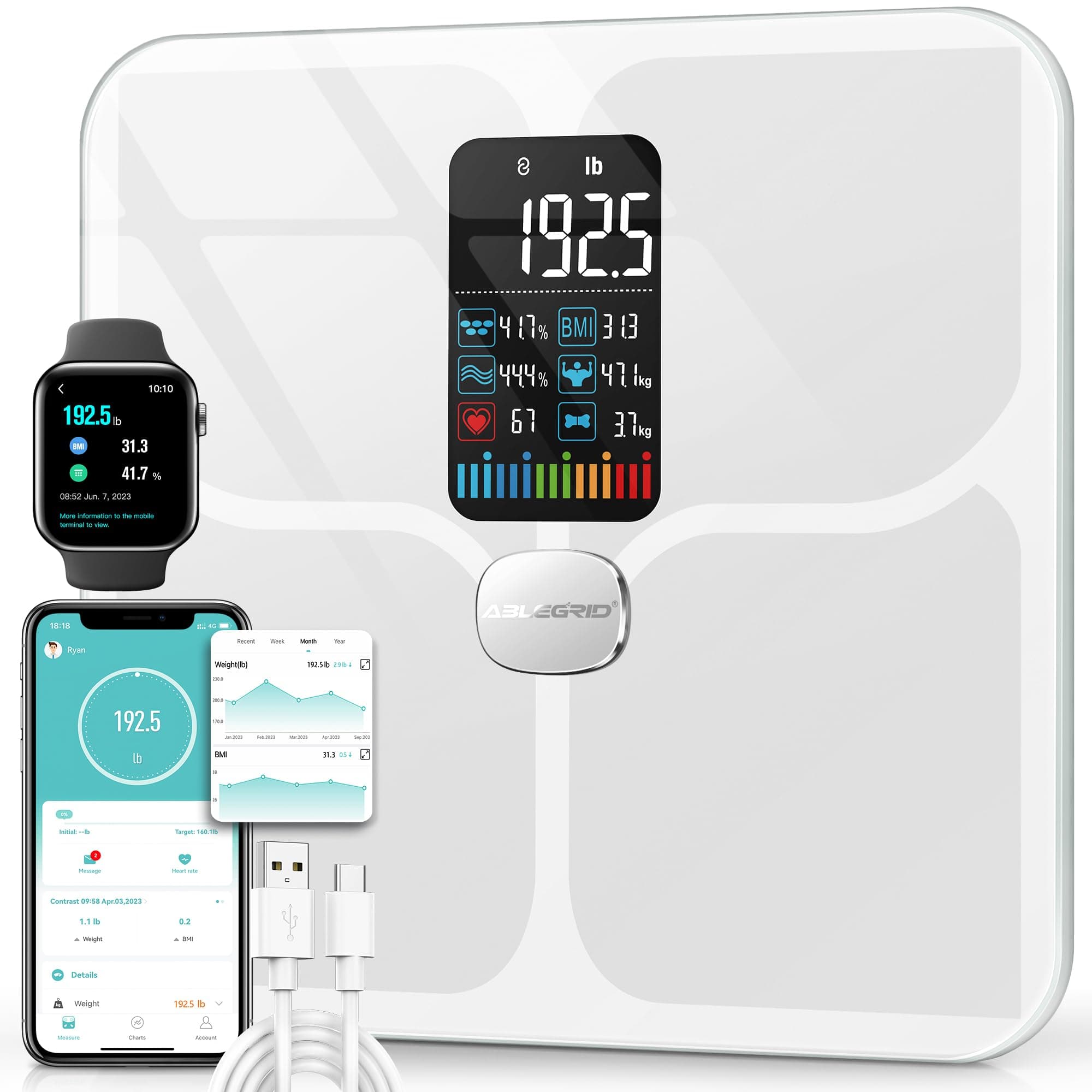 Body Fat Scale,Digital Smart Bathroom Scale for Body Weight, Large Color Display Screen, 22 Body Composition Metrics BMI, Water Weigh, Heart Rate, Baby Mode, 400lb, Rechargeable (White)