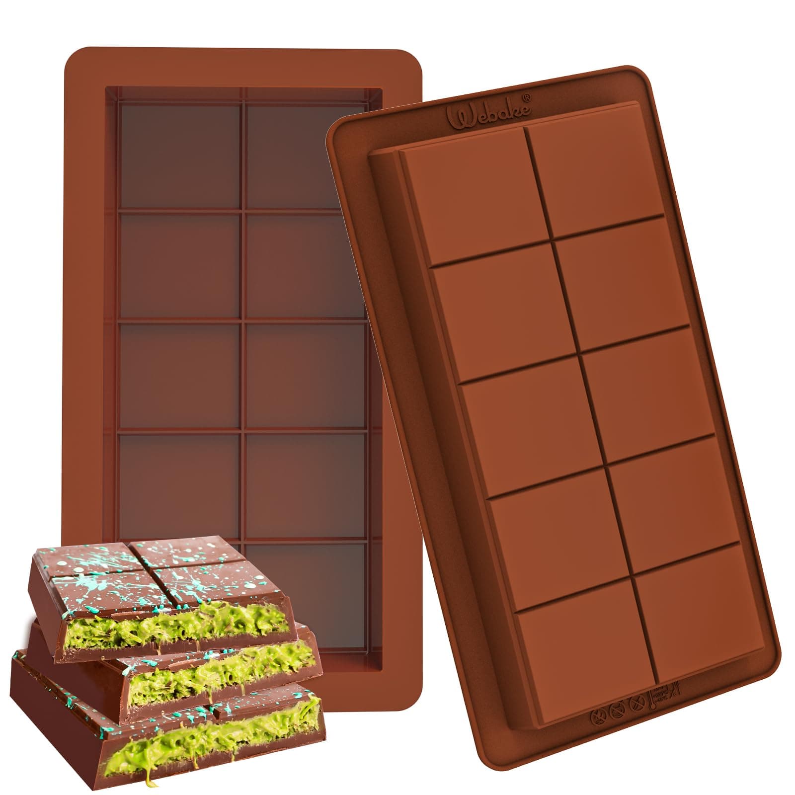 Webake Deep Chocolate Bar Moulds Silicone LFGB 2 Pcs Big Chocolate Bar Mould Thick Candy Bars Moulds