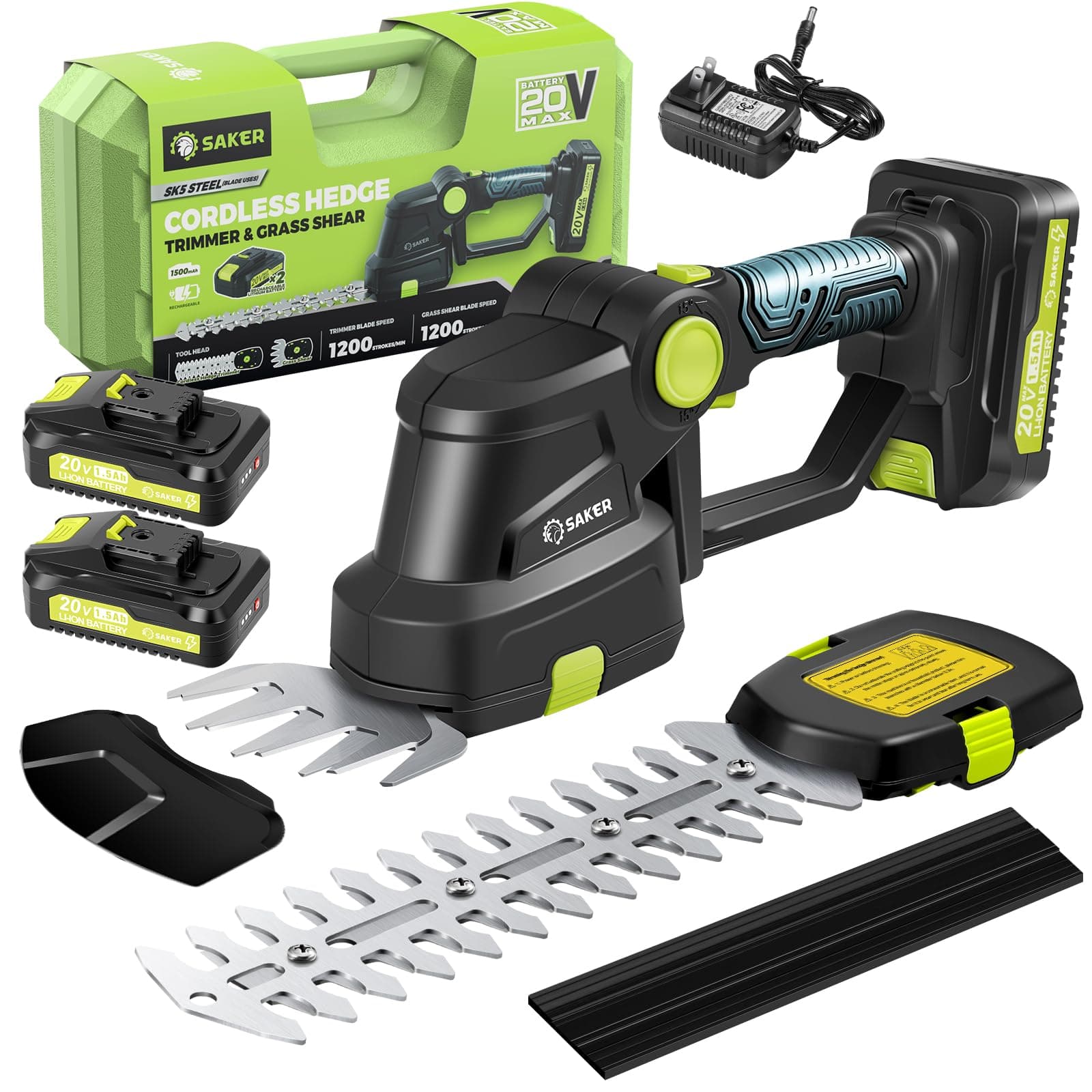 Saker Cordless Hedge Trimmer-20V Electric Shrub Trimmer Grass Shears Handheld Grass Cutter, Hedge Shear with 2 PCS Rechargeable Battery and Charger for Garden, Lawn