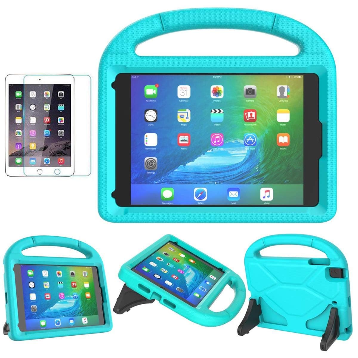Kids Case for iPad mini 5/4/3/2/1 (7.9"), Durable Shockproof Handle Bumper Stand Cover with 2*Screen Protectors for 7.9 inch Apple iPad mini 5th/4th/3rd/2nd/1st Generation, Cyan