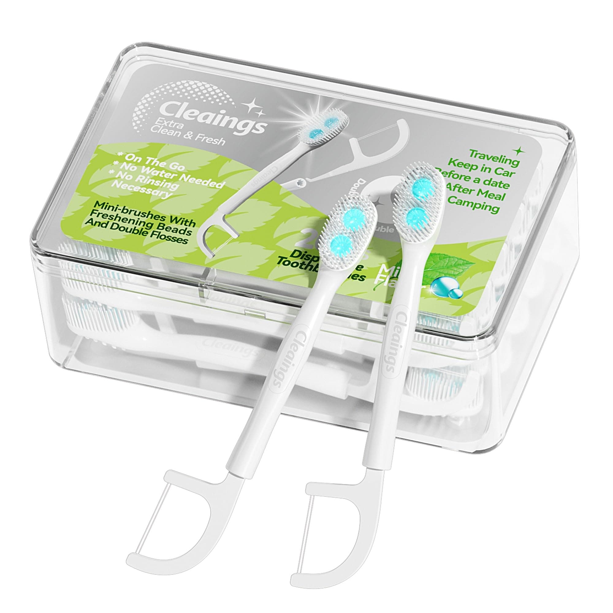 cleaings® Disposable Toothbrushes with Double Cleaning Beads Toothpaste and Clean Floss Picks for Work or Travel - 20 pcs-Mint Flavor（Pack of 1）