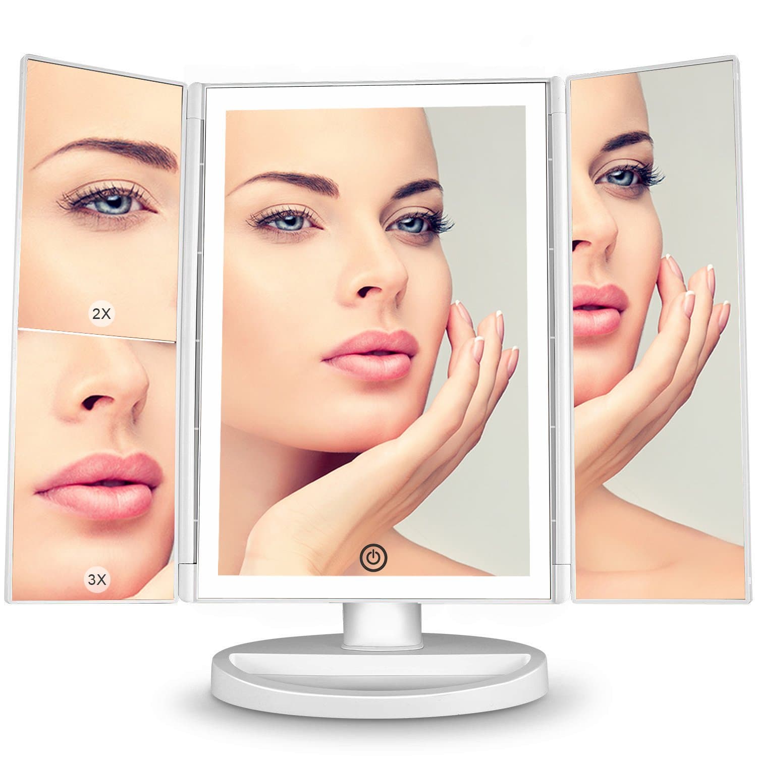 hunhun Nature Light/Bigger Size Makeup Mirror,Tri-Fold Vanity Mirror, Eyes Protection,180° Adjustable Rotation, 10X/3X/2X/1X Magnification Mirror (White)
