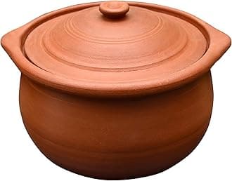 EZAHK Handmade Clay Earthen Kadai Pot with Lid for Cooking & Serving - Brown (2.1 L), Natural and Traditional Pure
