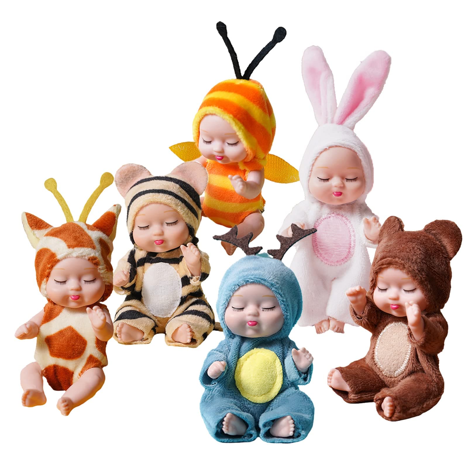 6 Sets Cute Baby Dolls Include 6 Pieces 4.5 Inch New Born Mini Dolls and 6 Pieces Handmade Animal Shape Doll Clothes(Bee, Rabbit, Brown Bear, Giraffe, Elk, Tiger)Toys Gift Party Favors Supplies