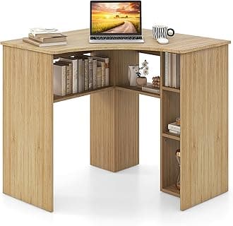 Tangkula Corner Desk with Storage Shelves, Space-Saving Triangle Study Writing Desk with Adjustable Shelves, Corner Makeup Vanity Desk for Bedroom, Corner Desk for Small Space (Natural)