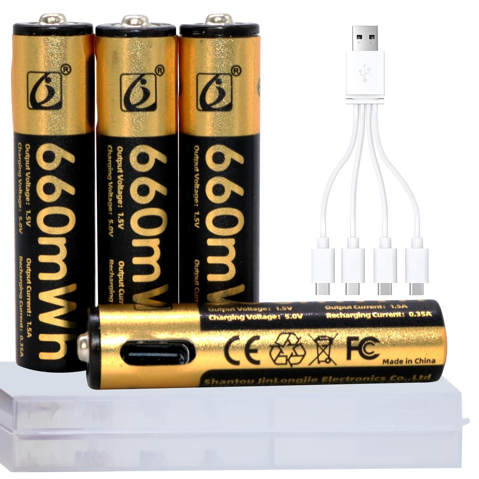 AAA Rechargeable Lithium Batteries - 4 Pack USB-C Rechargable Li-Ion Battery 1.5V AAA 660mAh with 4 in 1 USB to Type-C Charger Fast Charging Cable High Output (4 Pack 1.5V AAA)