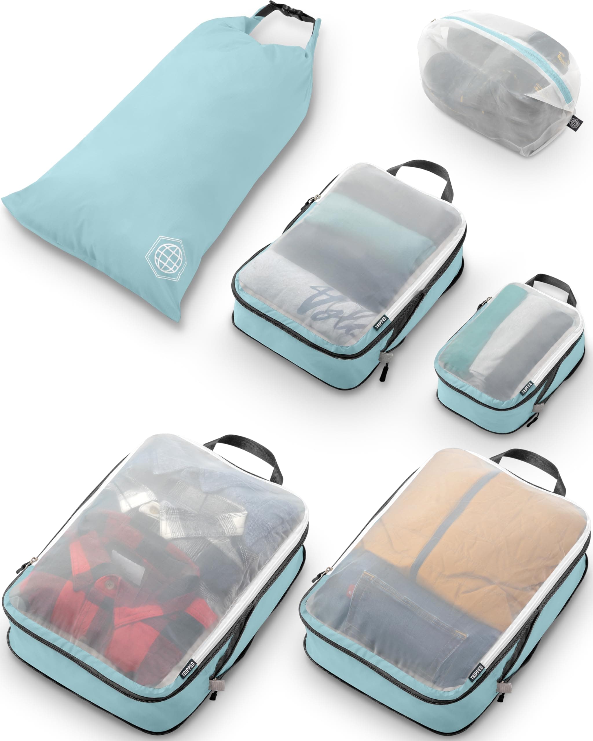 TRIPPED Travel Gear Large Packing Cube Set with See Through Mesh- Compression Packing Cubes Travel Organizers, Dusty Teal, Large