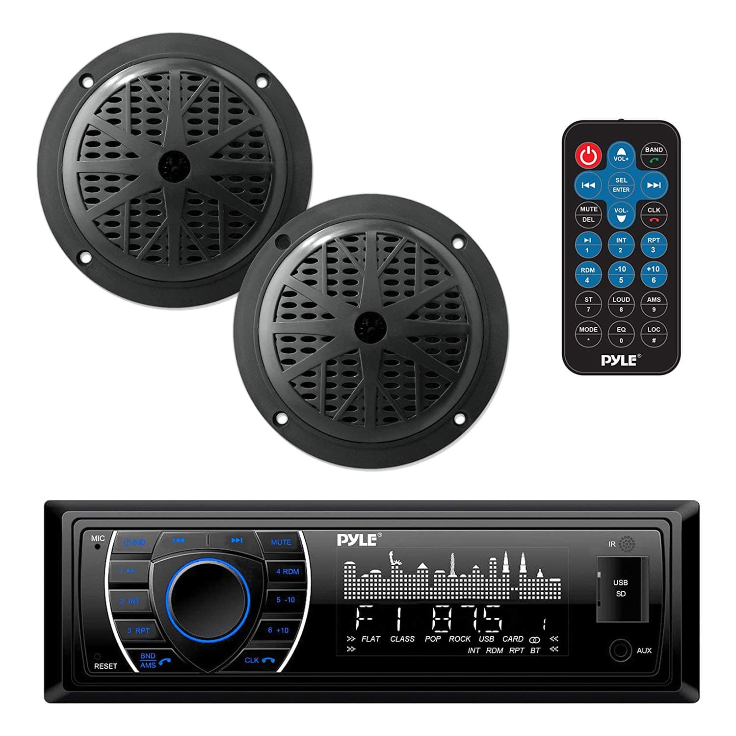 Marine Headunit Receiver Speaker Kit - In-Dash LCD Digital Stereo Built-in Bluetooth & Microphone w/AM FM Radio System 5.25’’ Waterproof Speakers (2) MP3/SD Readers & Remote Control-PLMRKT46BK