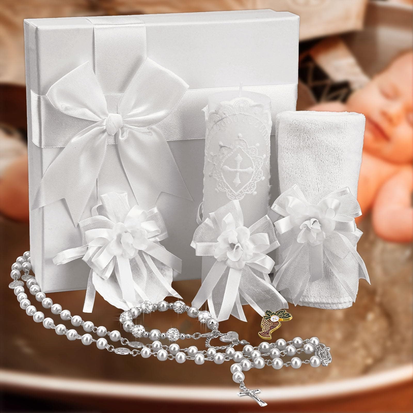 Liliful 6 Pcs White Baptism Candle Set for Boys First Communion Gifts for Girls Catholic Baptismal Candle Towel Rosary Shell Bracelet Pin for Godparents Baptism Favors Decorations Christening
