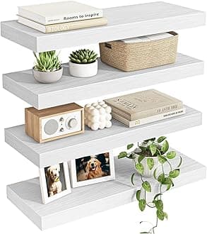 Fixwal 15.8in Floating Shelves, Rustic Wood Finish Wall Shelves Set of 4, Shelves for Wall Decor, with Invisible Brackets for Bathroom, Living Room,Bedroom and Kitchen(White)