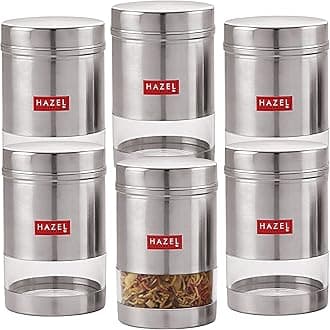 HAZEL Stainless Steel Kitchen Container | 600 ml Each Transparent Kitchen Container Set with Matt Finish | Multipurpose Storage Box for Kitchen, Set of 6