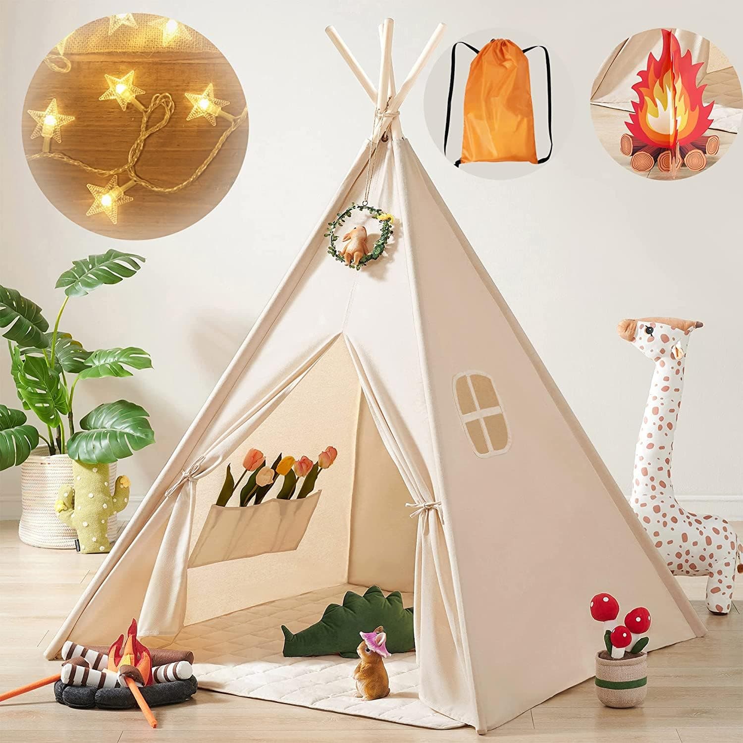 Tiny Land Teepee Tent for Kids with Star Lights, Foldable Play Tent for Girls & Boys, Washable Indoor Toddler Tent, Cozy Warm Reading Nook & Room Decor