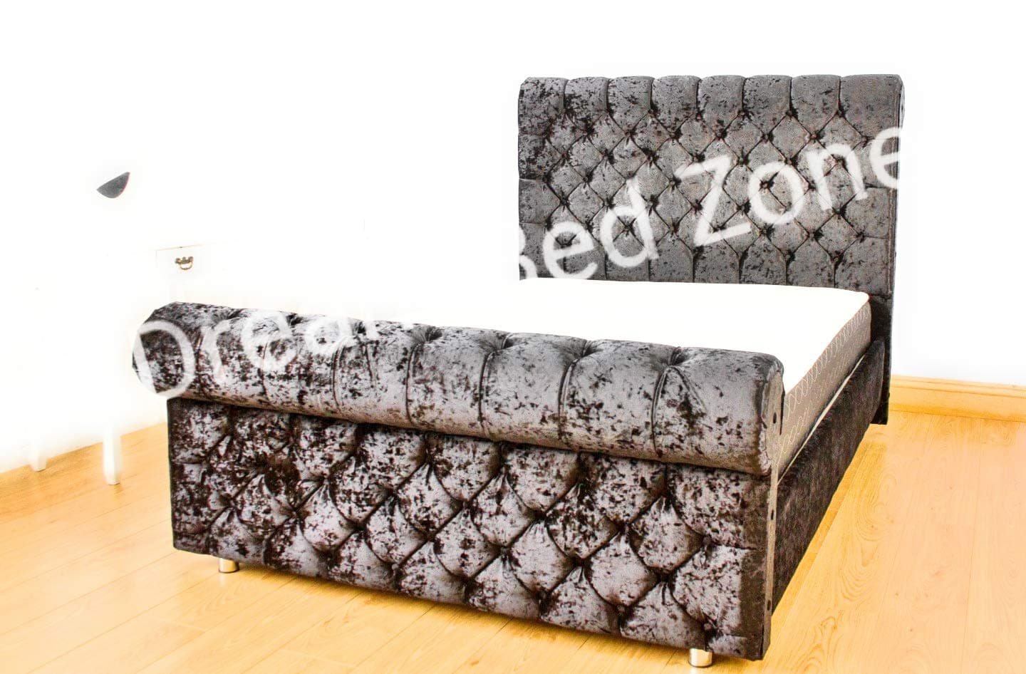 CHESTERFIELD Classy Modern Bed Frame Sleigh Style Fully Upholstered Designer bed in Crushed Velvet or Chenille Fabric (4FT 6'' Double, Crushed Velvet-GREY)