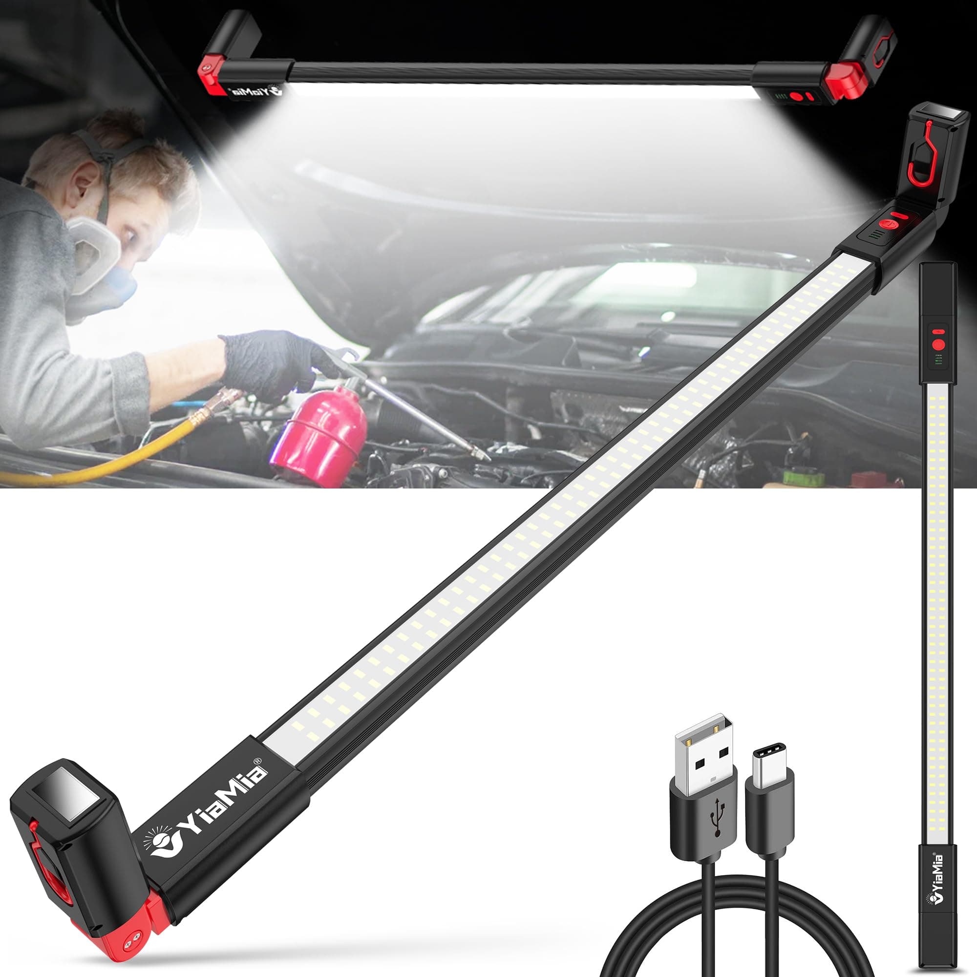 YiaMia Long LED Work Light Rechargeable, Aluminum Panel Underhood Work Light, Hood Light Bar with Magnetic and Hooks, Cordless Bright Work Lamp for Car Repairing Garage Workshop