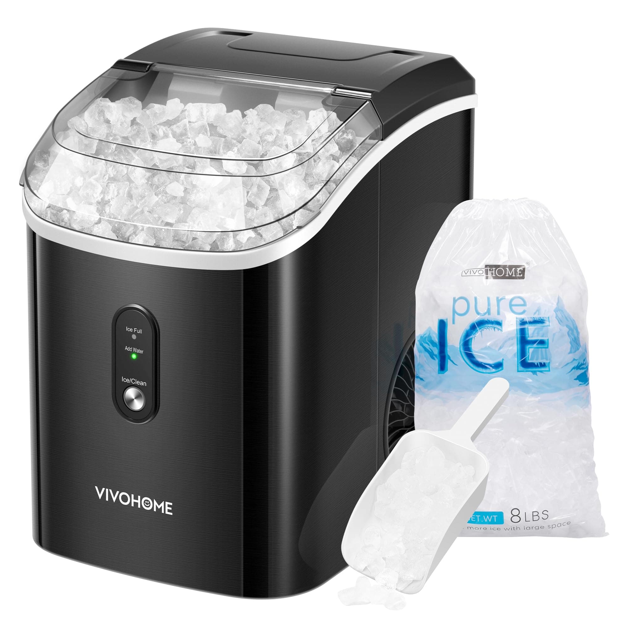 VIVOHOME Countertop Ice Maker 33lbs/Day Chewable Nugget Ice Cube Maker Machine 10 Ice Bags Self Cleaning Ice Cube Maker Black