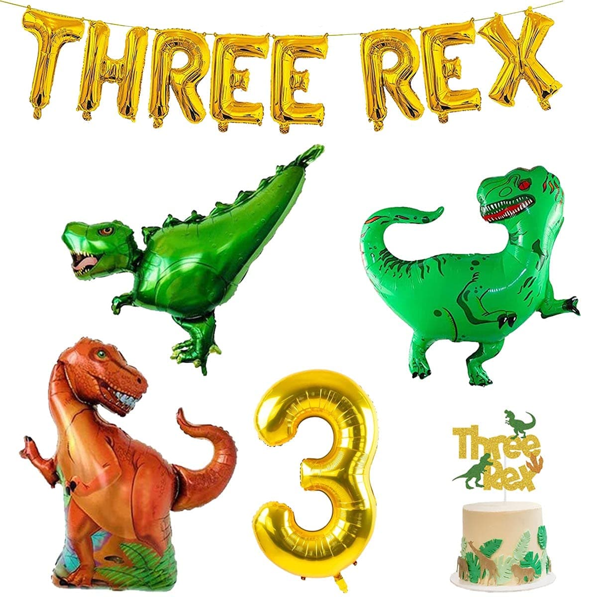 Three Dino Rex Birthday Party Decorations, Three Inspired Rex Letter Balloon T-Rex Dinosaur 3 Cake Topper for 3 Year Old Birthday Party Decorations,Boys Dinosaur Birthday Party Supplies