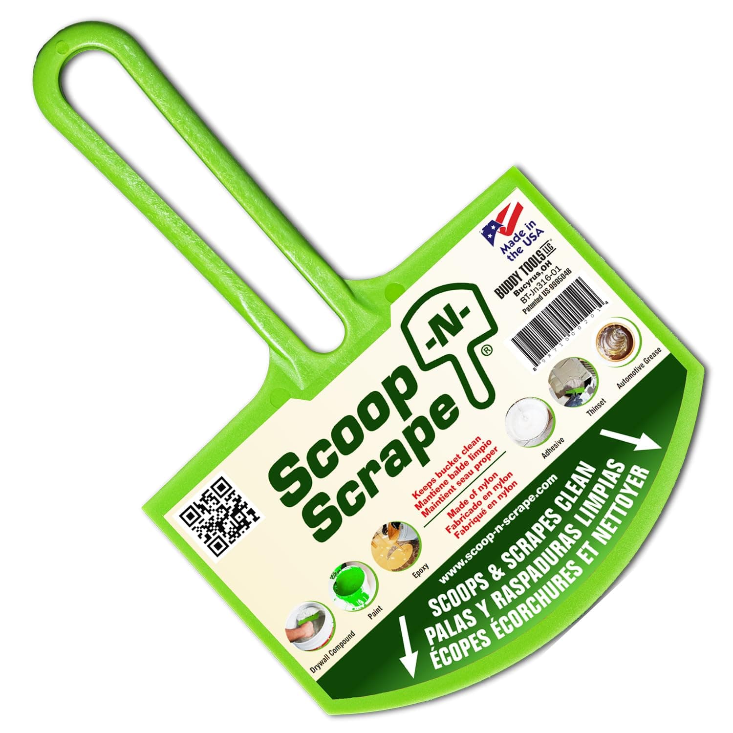 Buddy Tools Scoop-N-Scrape - Efficient Bucket Scoop for 5-Gallon - Lightweight and Durable Curved Bucket Trowel - Made with Heavy-Duty Nylon - Scrapes Clean, No More Shavings
