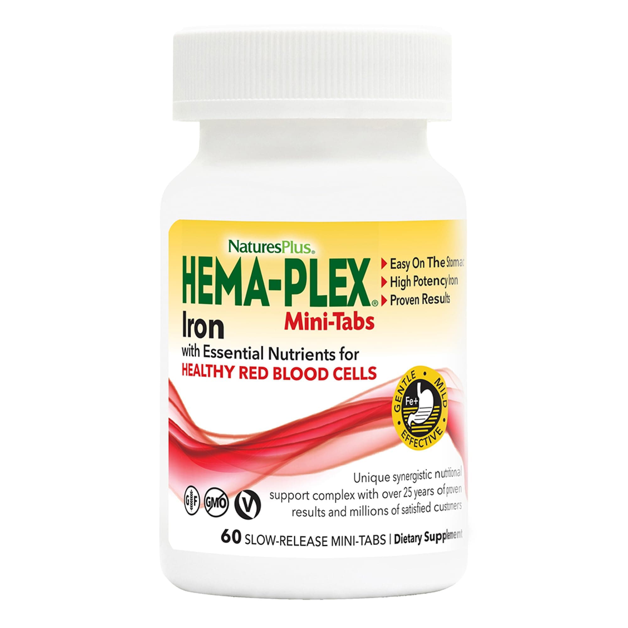 NaturesPlus Hema-Plex Iron - 60 Slow-Release Mini-Tabs - 2 Pack - 85 mg Chelated Iron - Total Blood Health - with Vitamin C & Bioflavonoids - Vegan, Gluten Free - 60 Total Servings