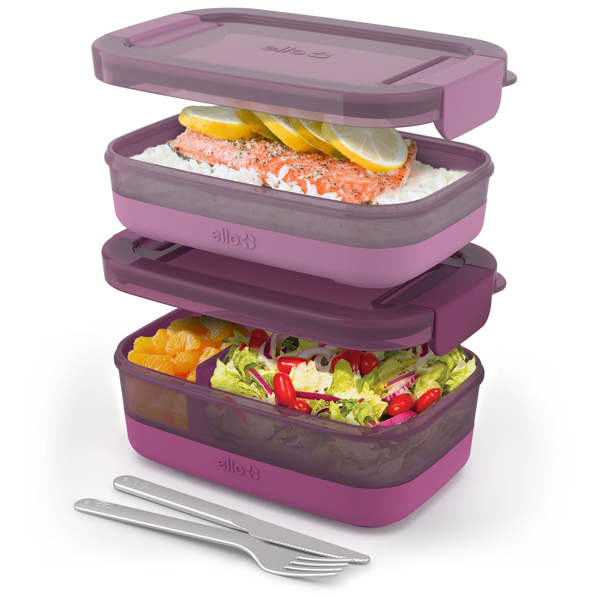 Ello 2-Pack Lunch Stack Plastic Food Storage Container Bento Box with Airtight, Leak-Proof Locking Plastic Lids and Silicone Base, BPA-Free, Freezer, Microwave, and Dishwasher Safe, Raspberry