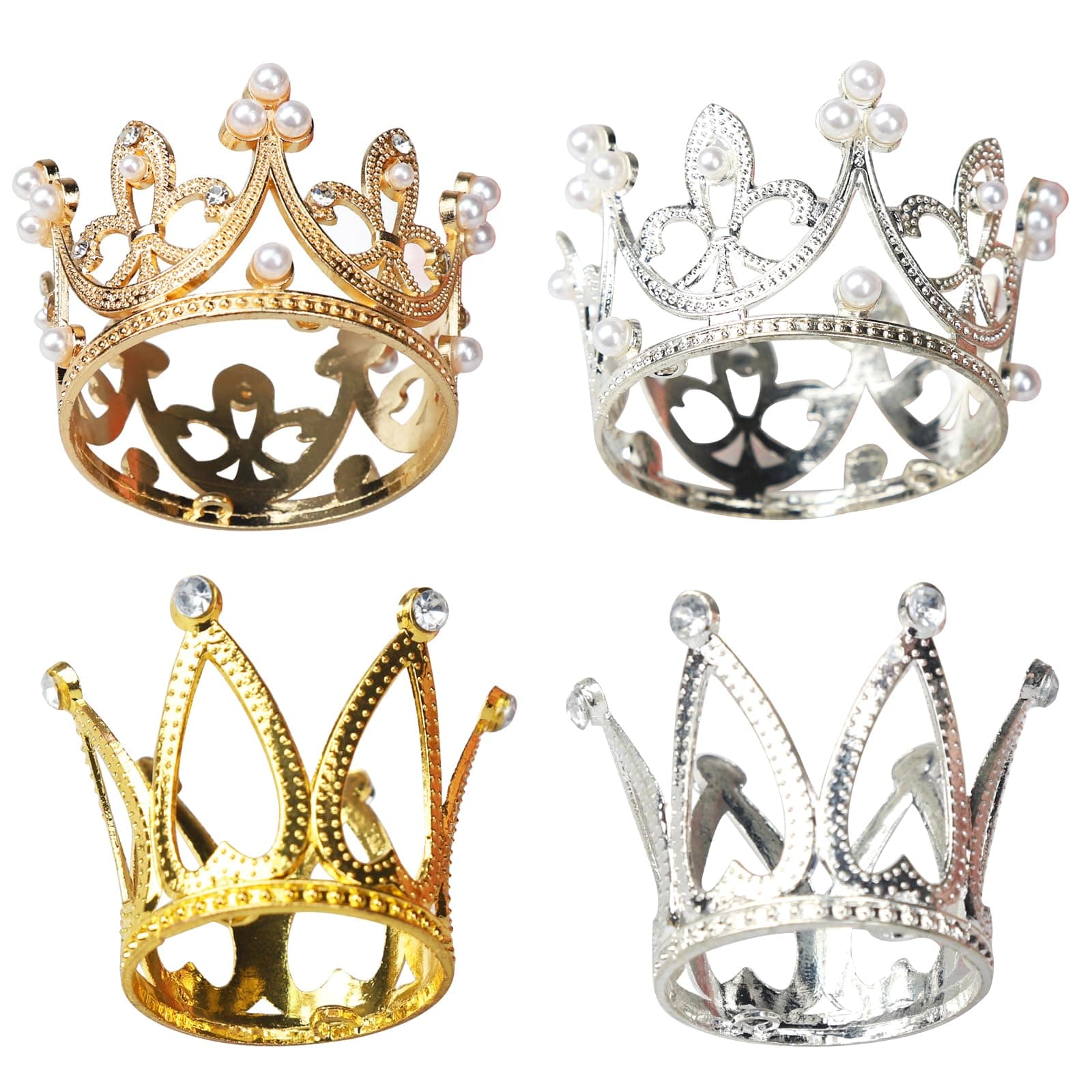 BLMHTWO 4 Pcs Crown Cake Topper Gold Silver Small Crown Queen Mini Crown Princess Headpiece Mini Tiara Cake Decoration for Women Lady Girl Bridal Wedding Royal Themed Decor Birthday Party