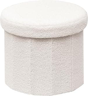 Bonlife White Boucle Ottoman with Storage,Foldable Footstool for living room,Toy Chest,Storage Seat Teddy Round Shape Footrest,38X38X33.5cm